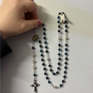 Elegant Blue and Silver Rosary Necklace